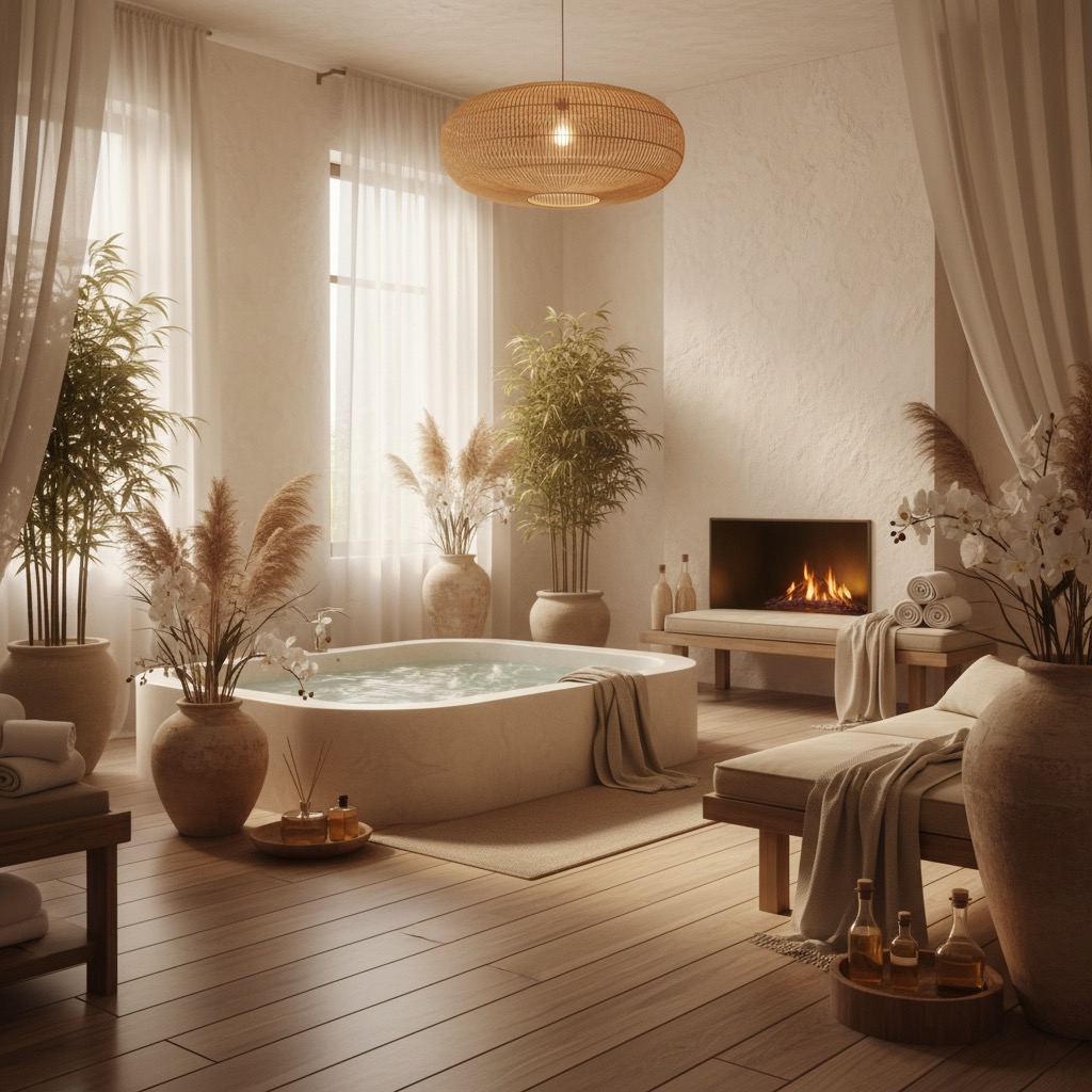 Ein luxuriöses, in Erdtönen gehaltenes Badezimmer mit einer freistehenden Wanne, Zimmerpflanzen, Kamin und Holzfußboden.